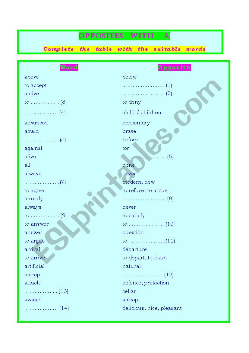 Opposites with  A - worksheet opposites - with key