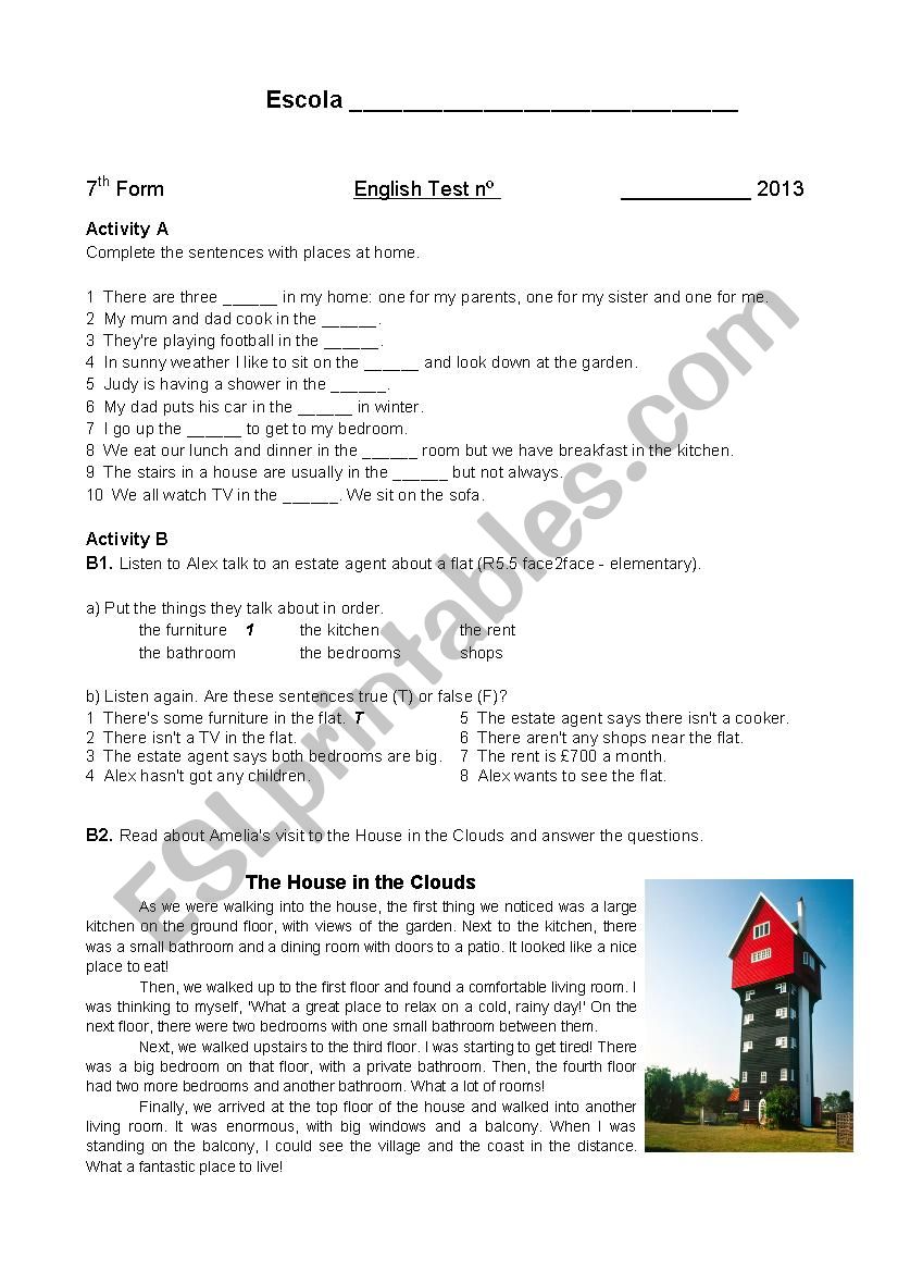 test 7th form worksheet