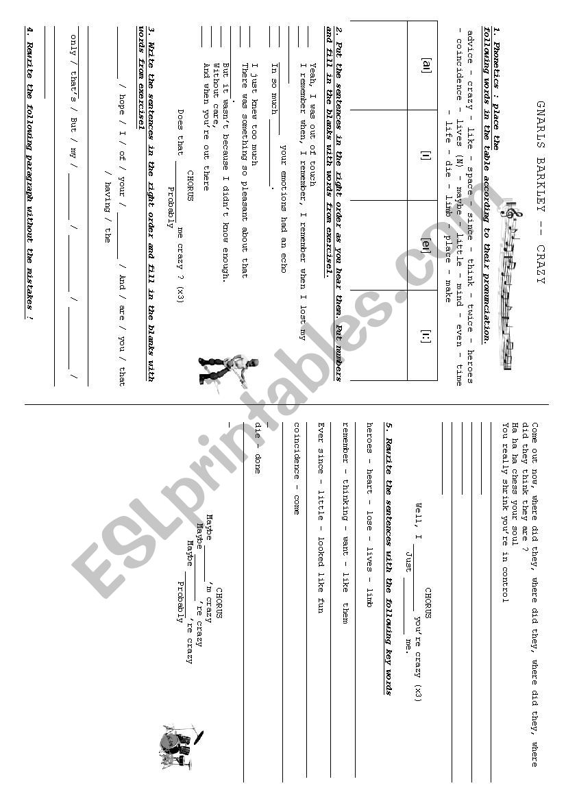 Crazy by Gnars Barkley worksheet