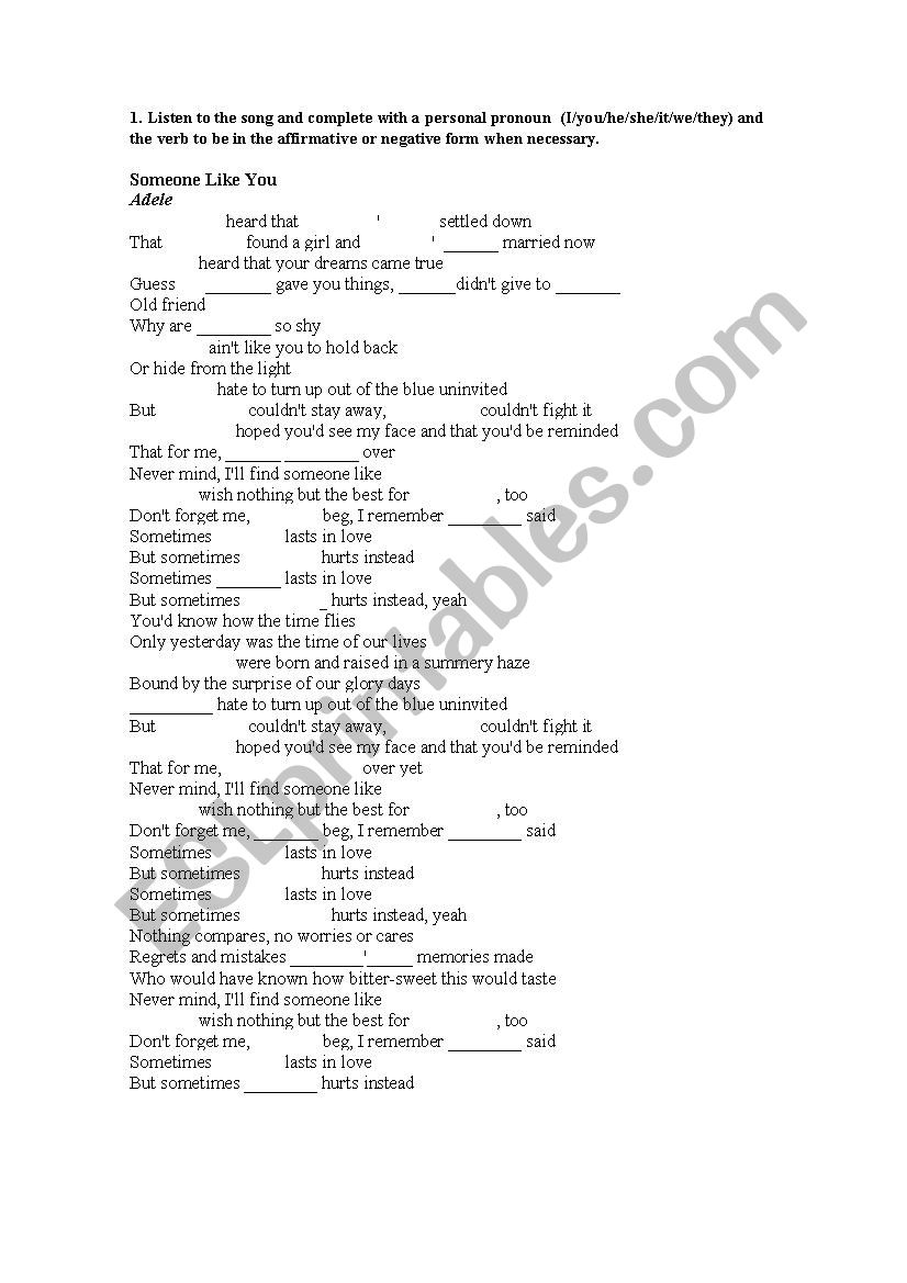 Someone like you (Adele) worksheet