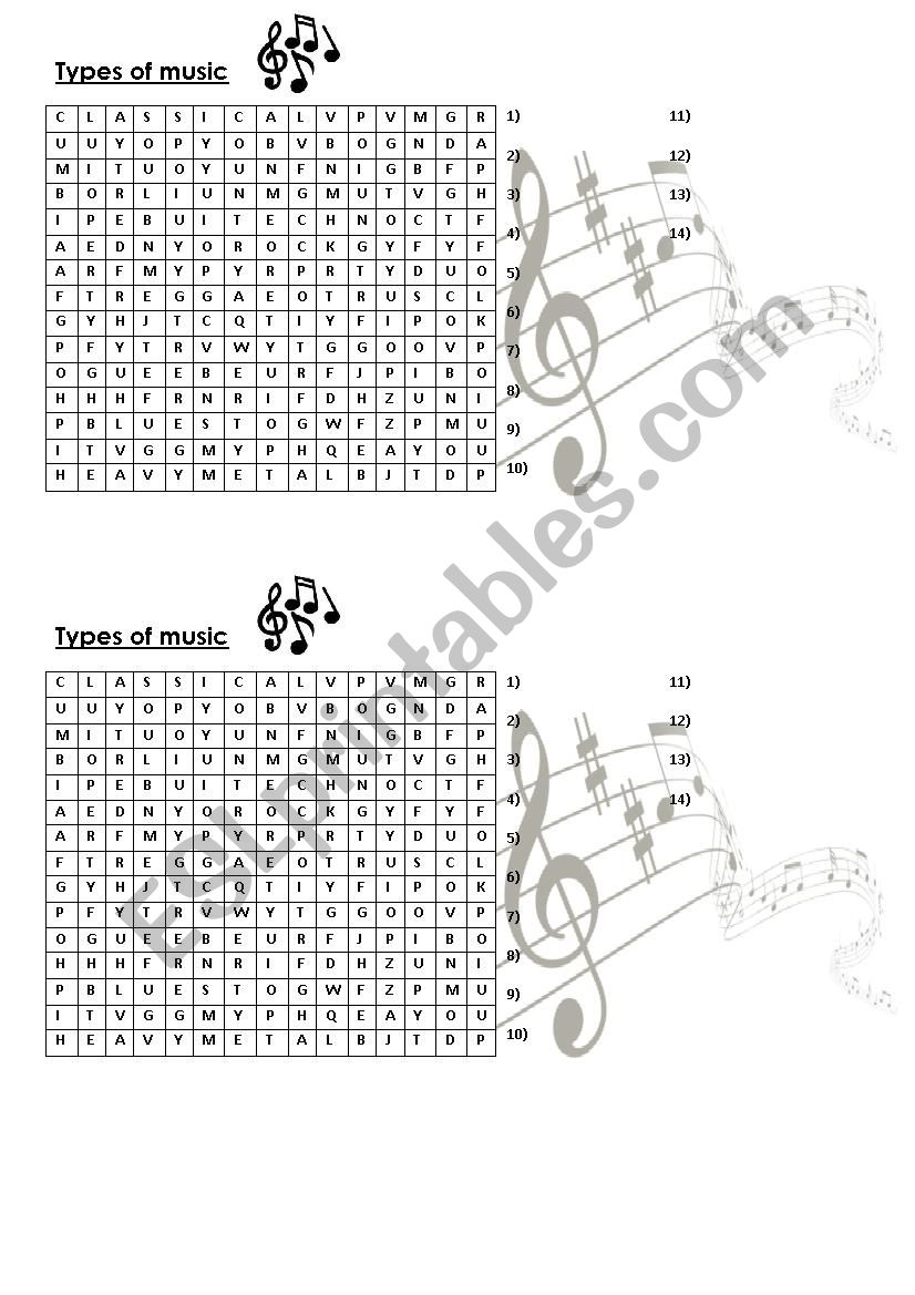 Word search-Types of music.  worksheet