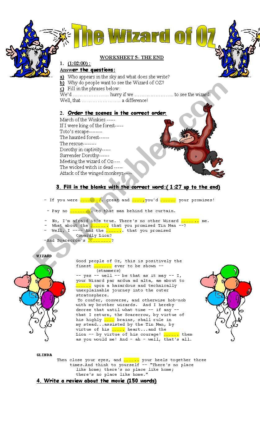 The Wizard of Oz- Video Session- worksheet 5-The end