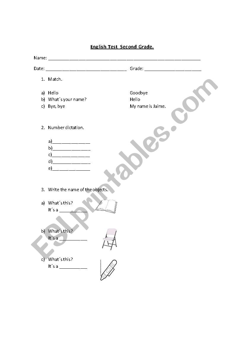 test numbers and school supplies esl