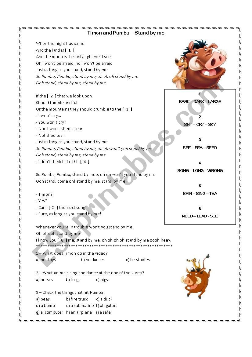 Timon and Pumba - Stand by me worksheet