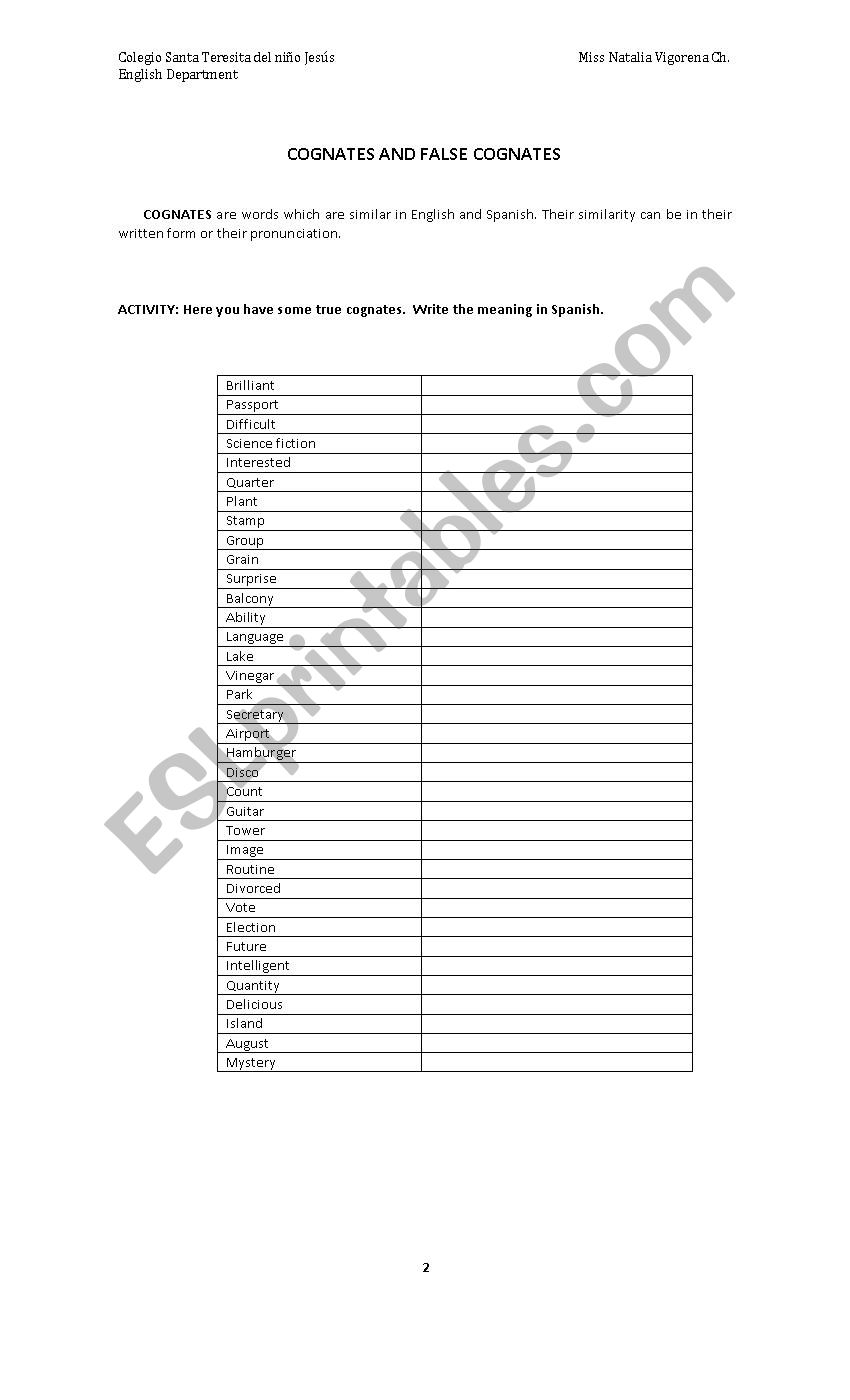 COGNATES AND FALSE COGNATES worksheet