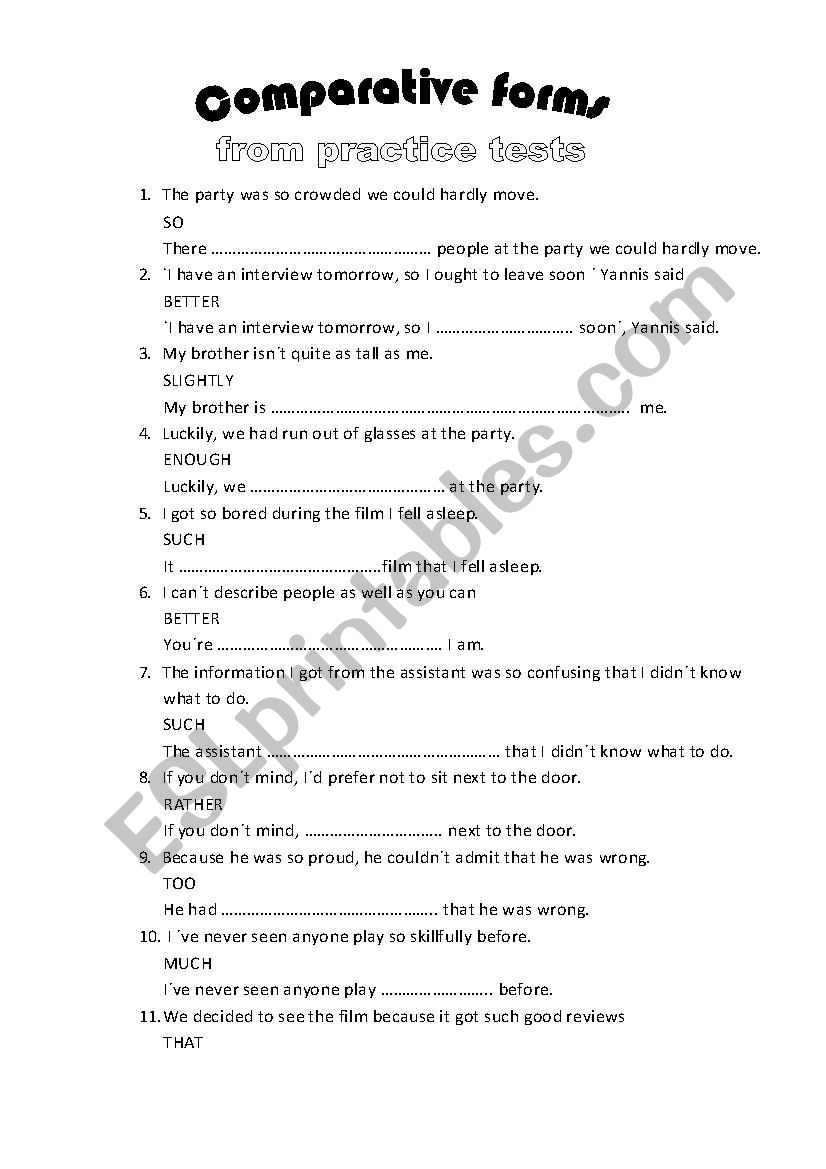 COMPARATIVE FORMS for FCE worksheet