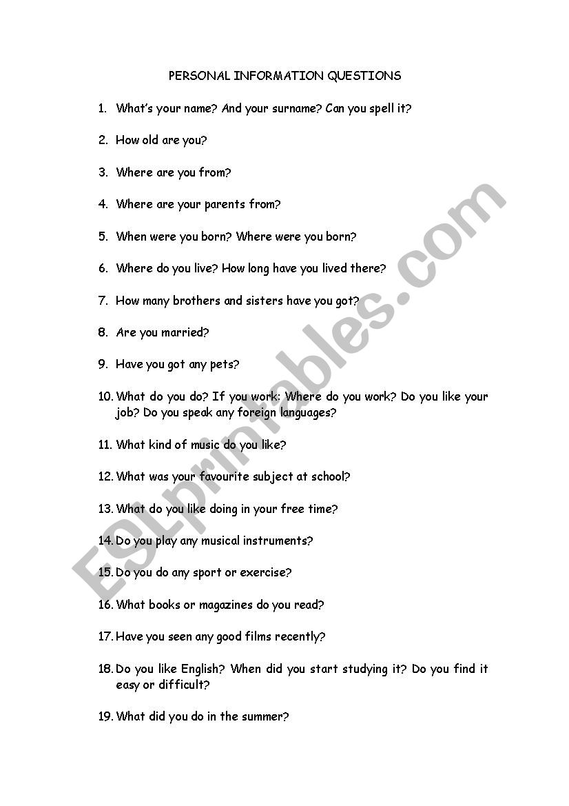 Personal Information Questions for Adults