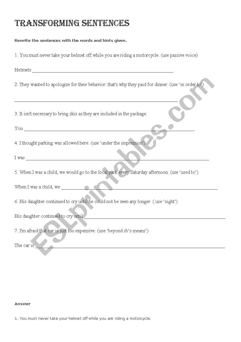 Sentence Transformation worksheet