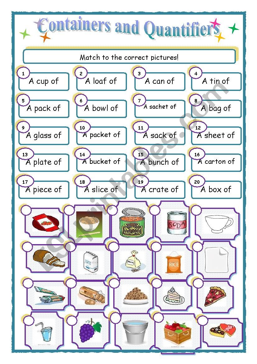 containers and quantifiers worksheet