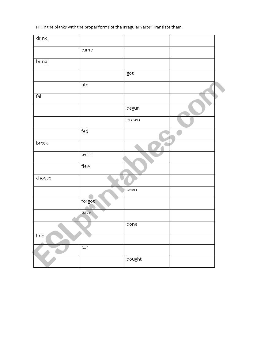 irregular verbs worksheet