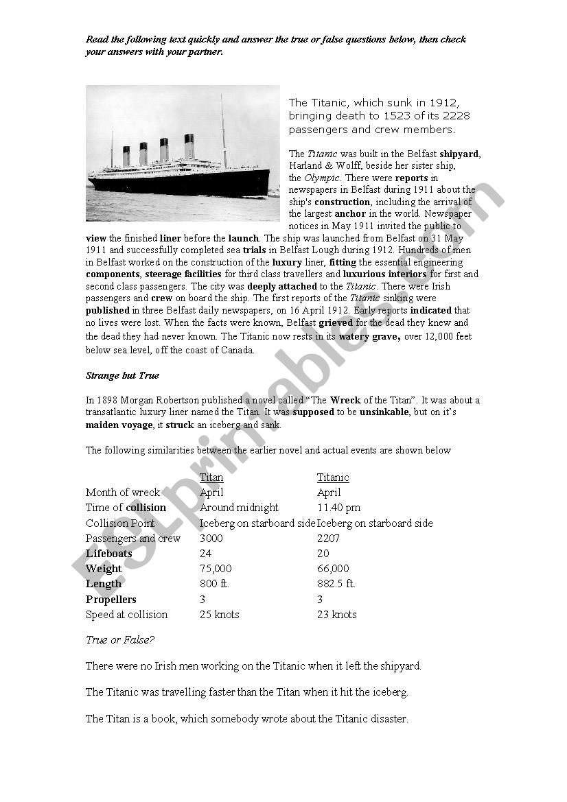 The Titanic Reading worksheet