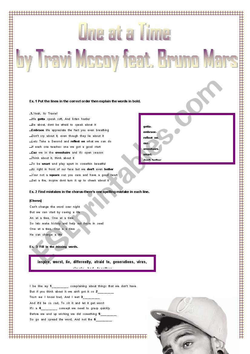 One at a Time by Travis Mccoy worksheet