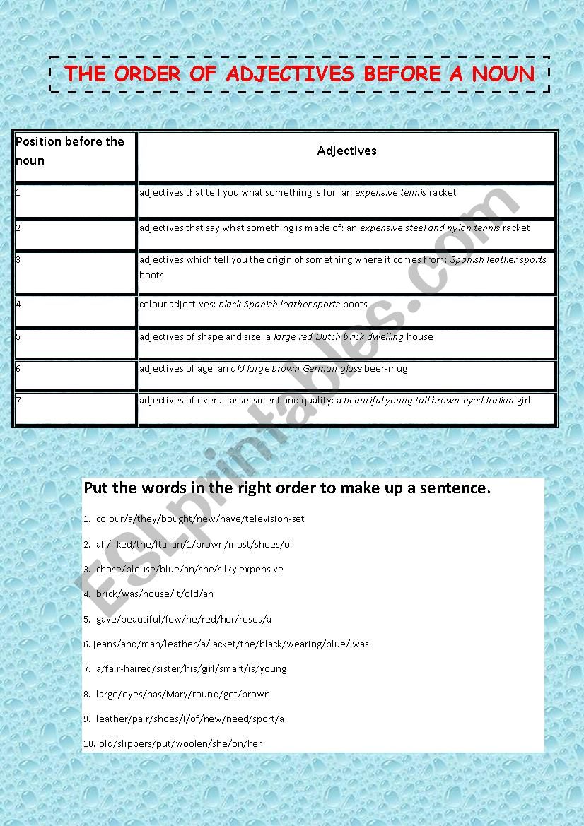 the order of adjectives worksheet