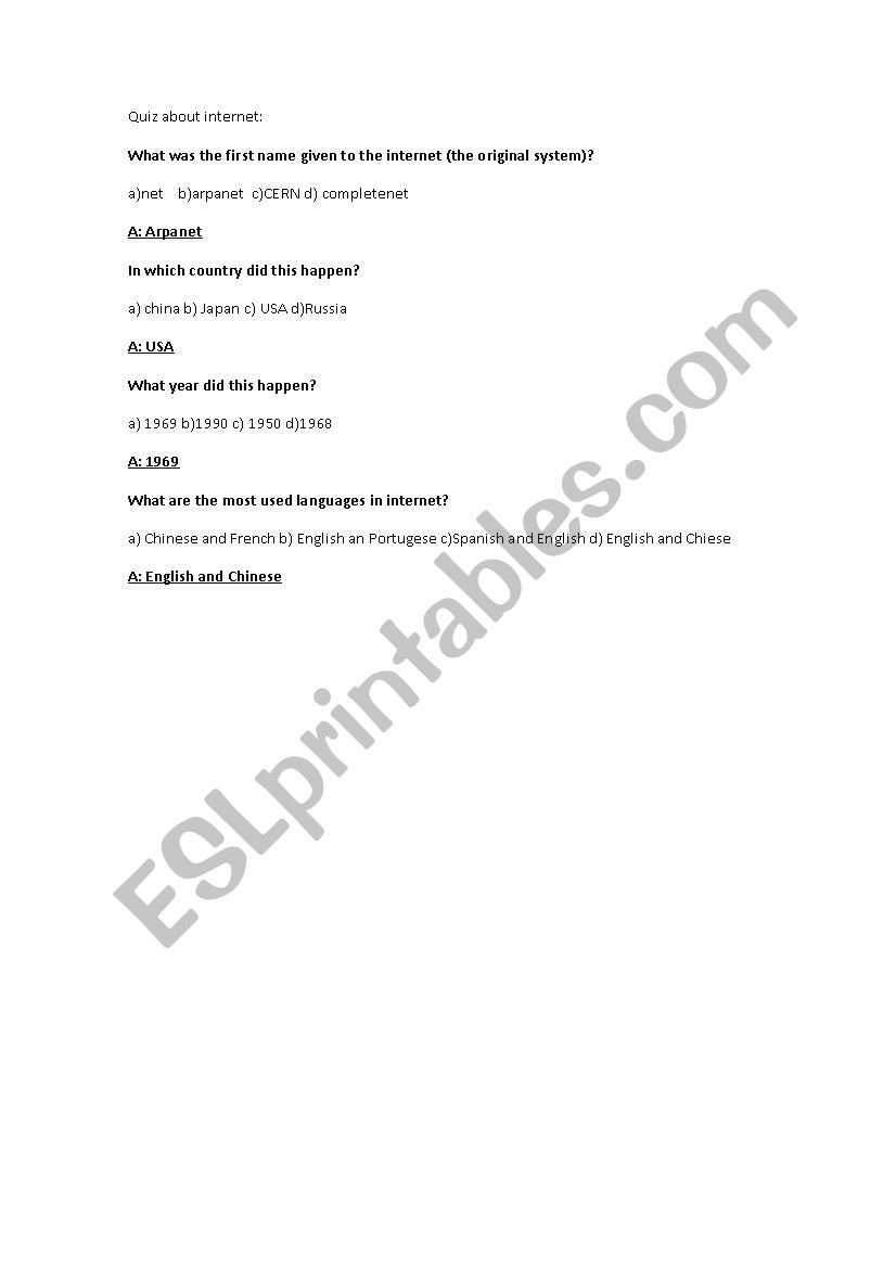 Quiz- history of internet worksheet