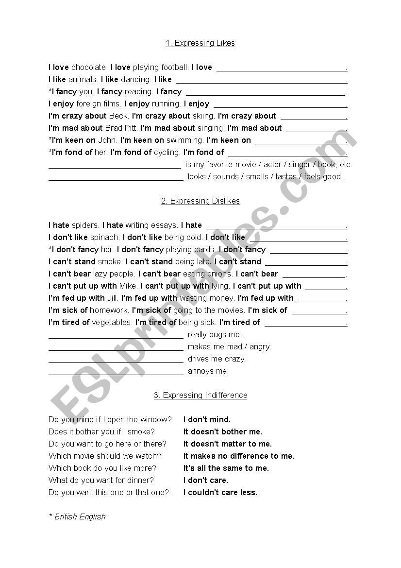 expressing likes and dislikes worksheet