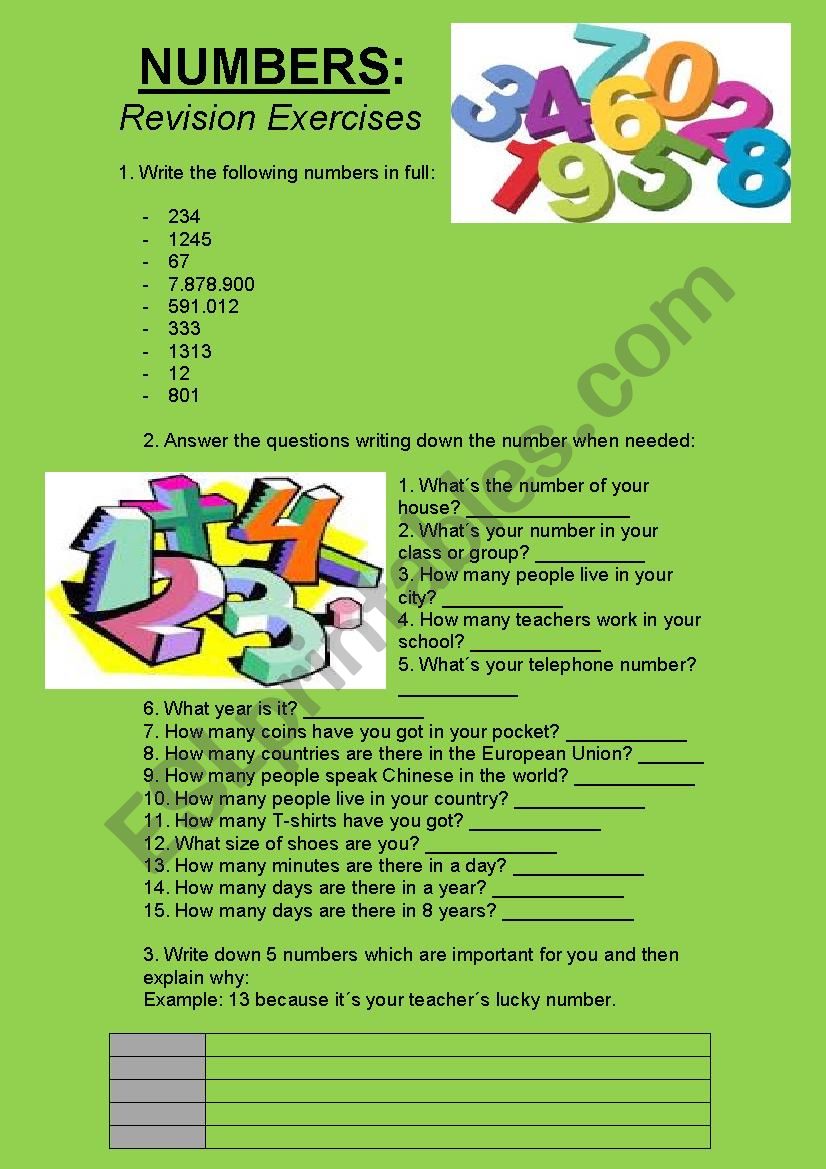 Numbers - revision exercises worksheet