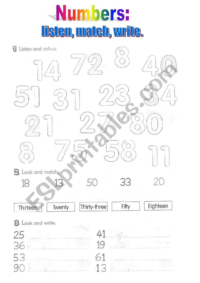 Numbers: listen, match, write.