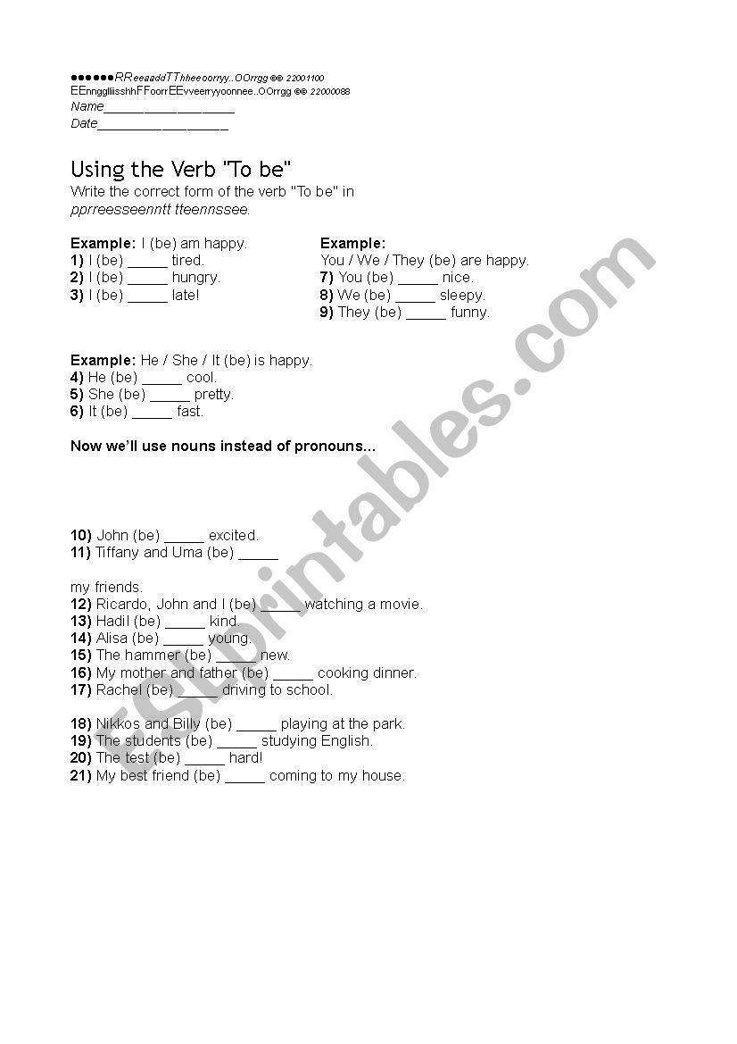 To be exercises worksheet