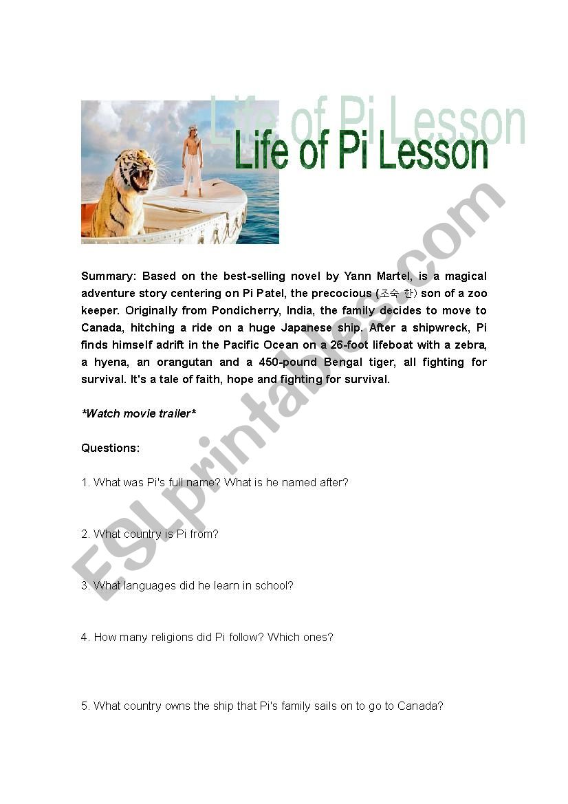 Life of Pi worksheet