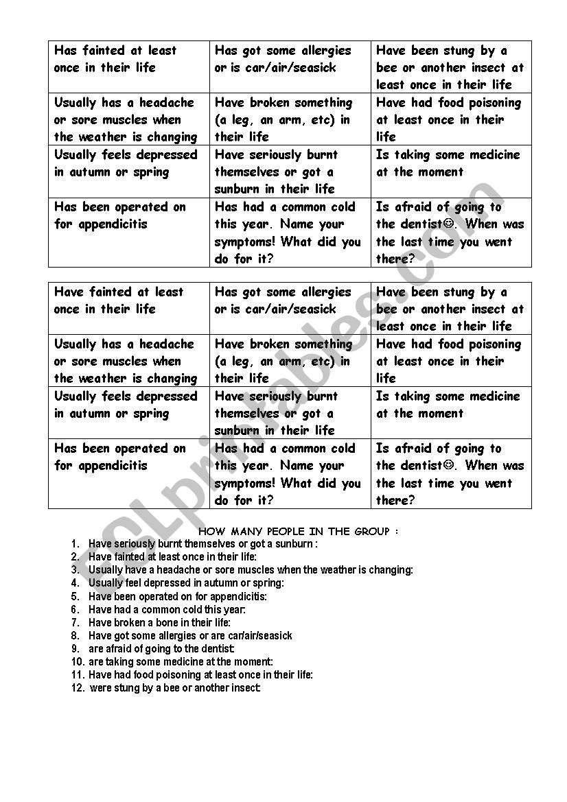 Health. Speaking cards worksheet