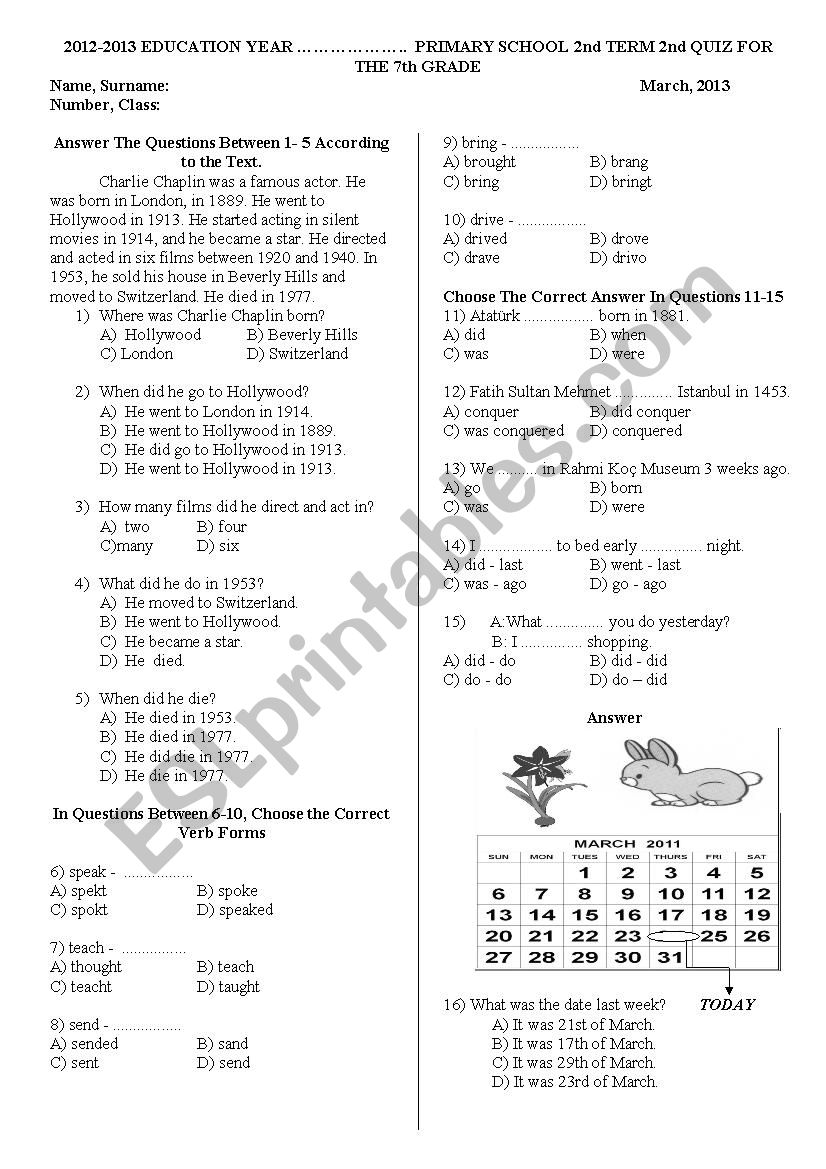 7th Grade Quiz on Simple Past worksheet