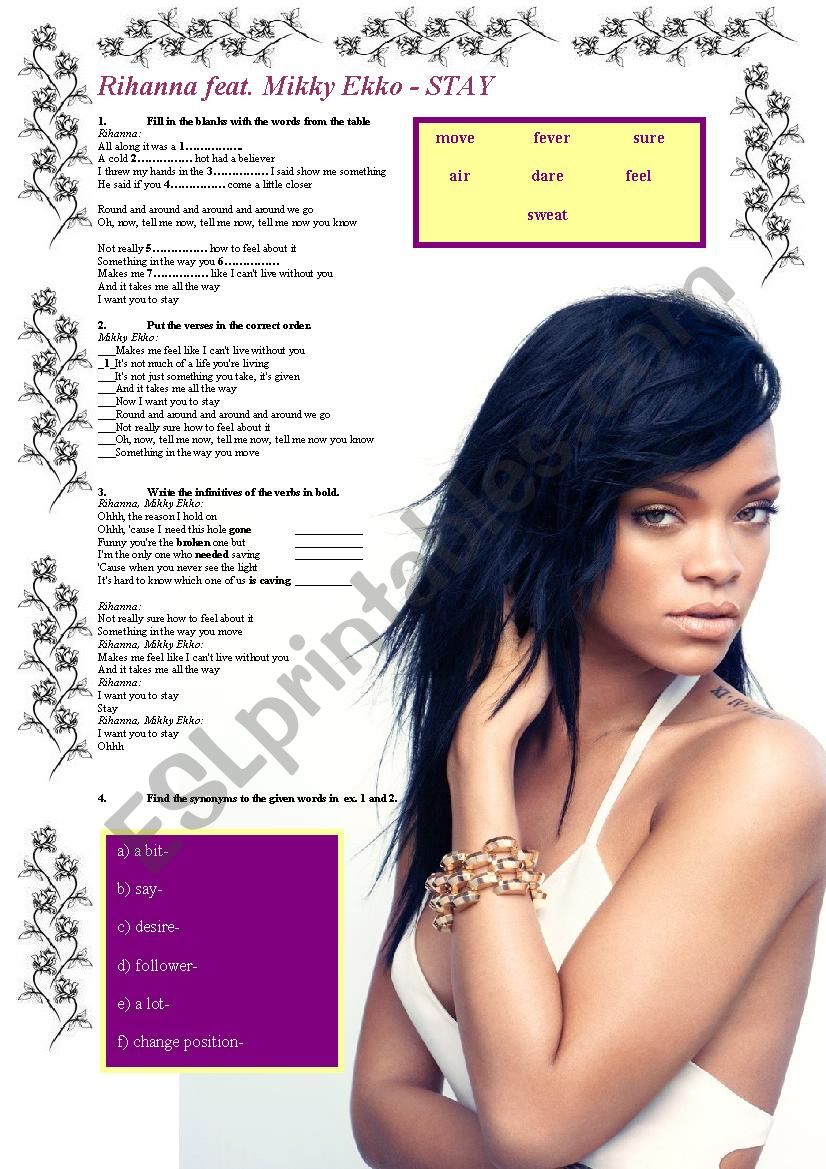 Stay by Rihanna & Mikky Ekko worksheet