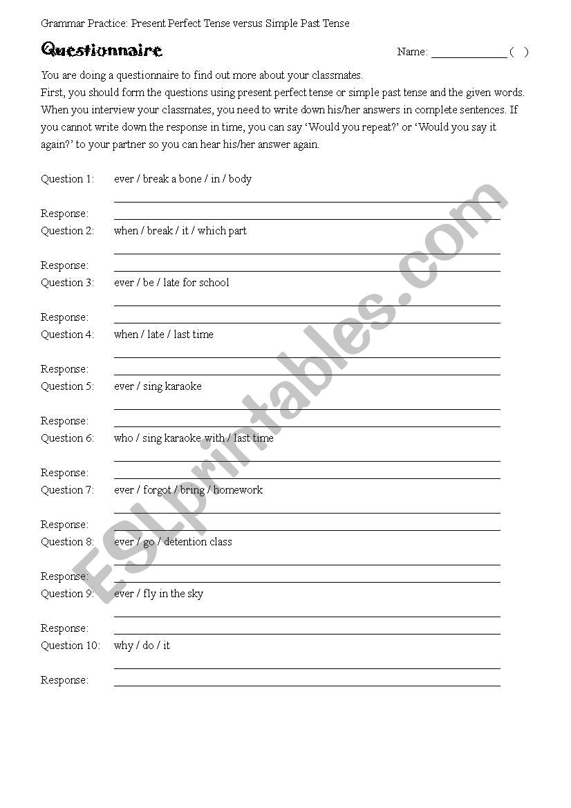 Present Perfect Tense - information gap questionnaire