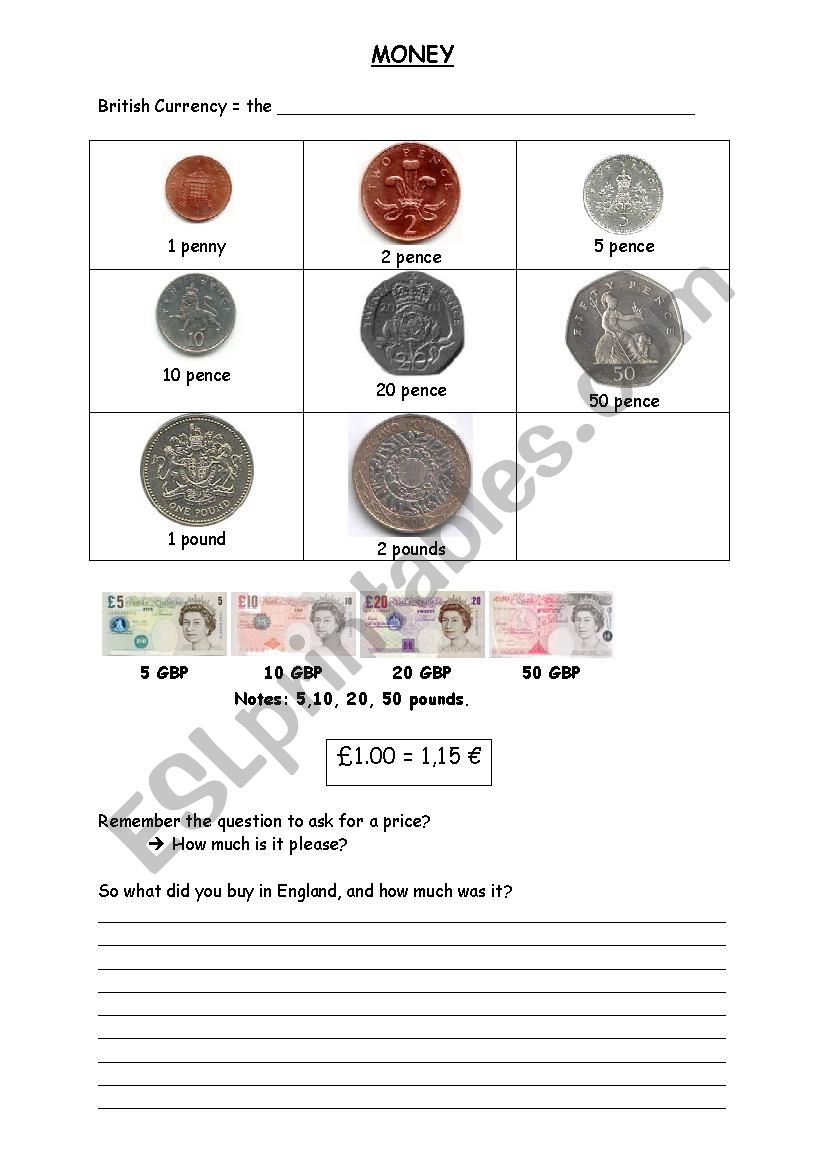 BRITISH MONEY worksheet