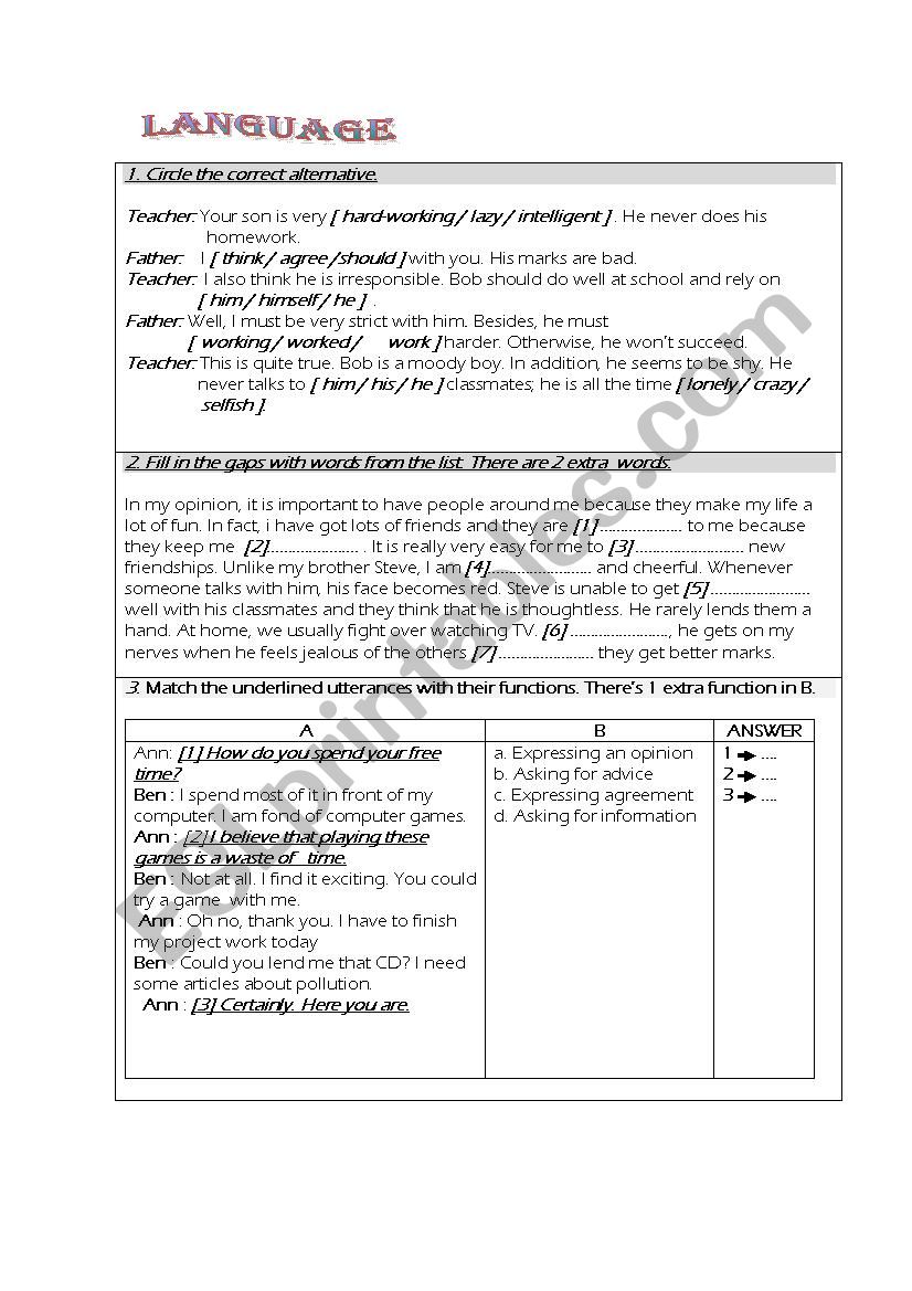 Language activities worksheet