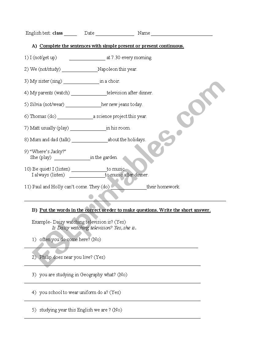 Grammar test worksheet