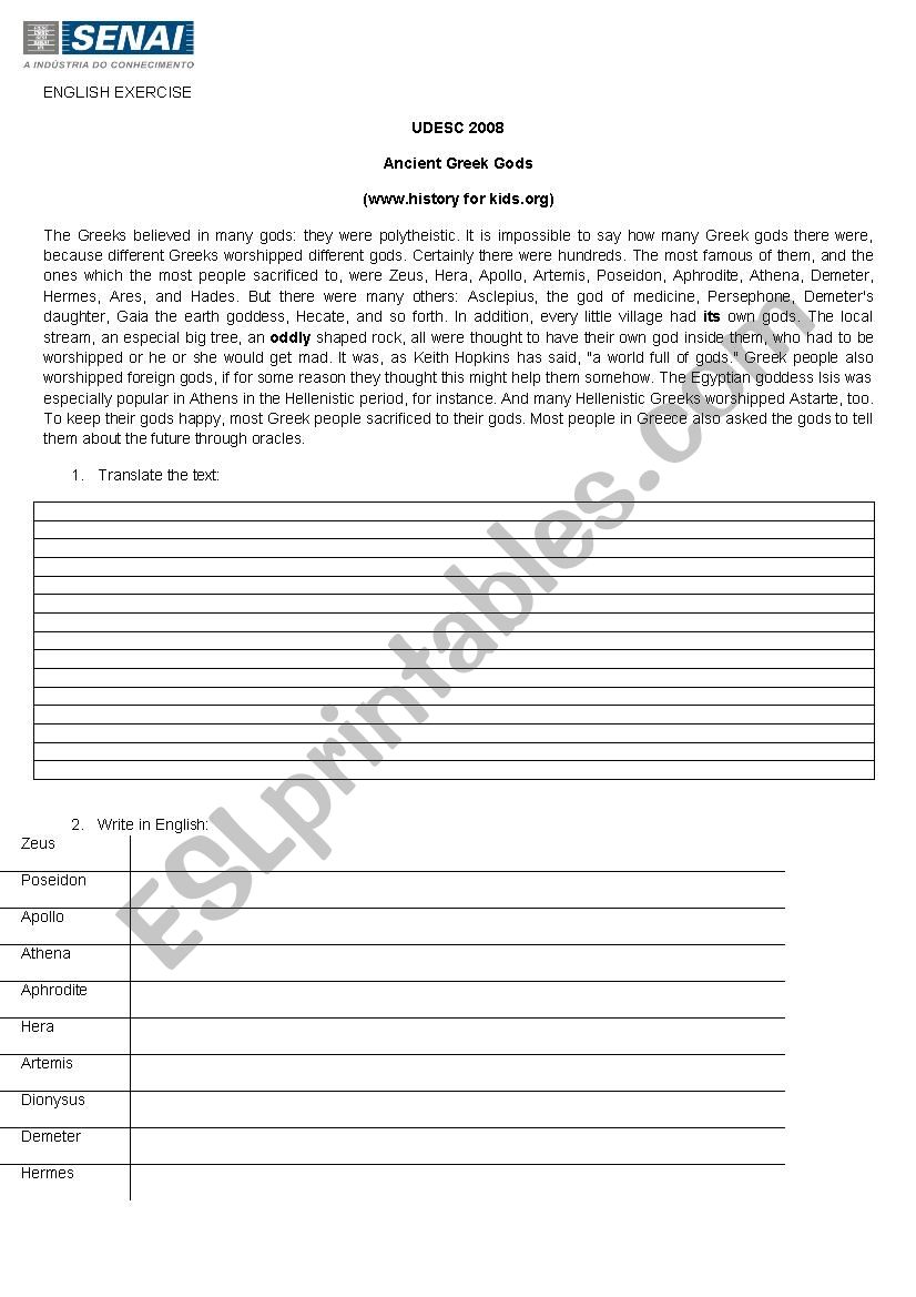 Greek Gods worksheet