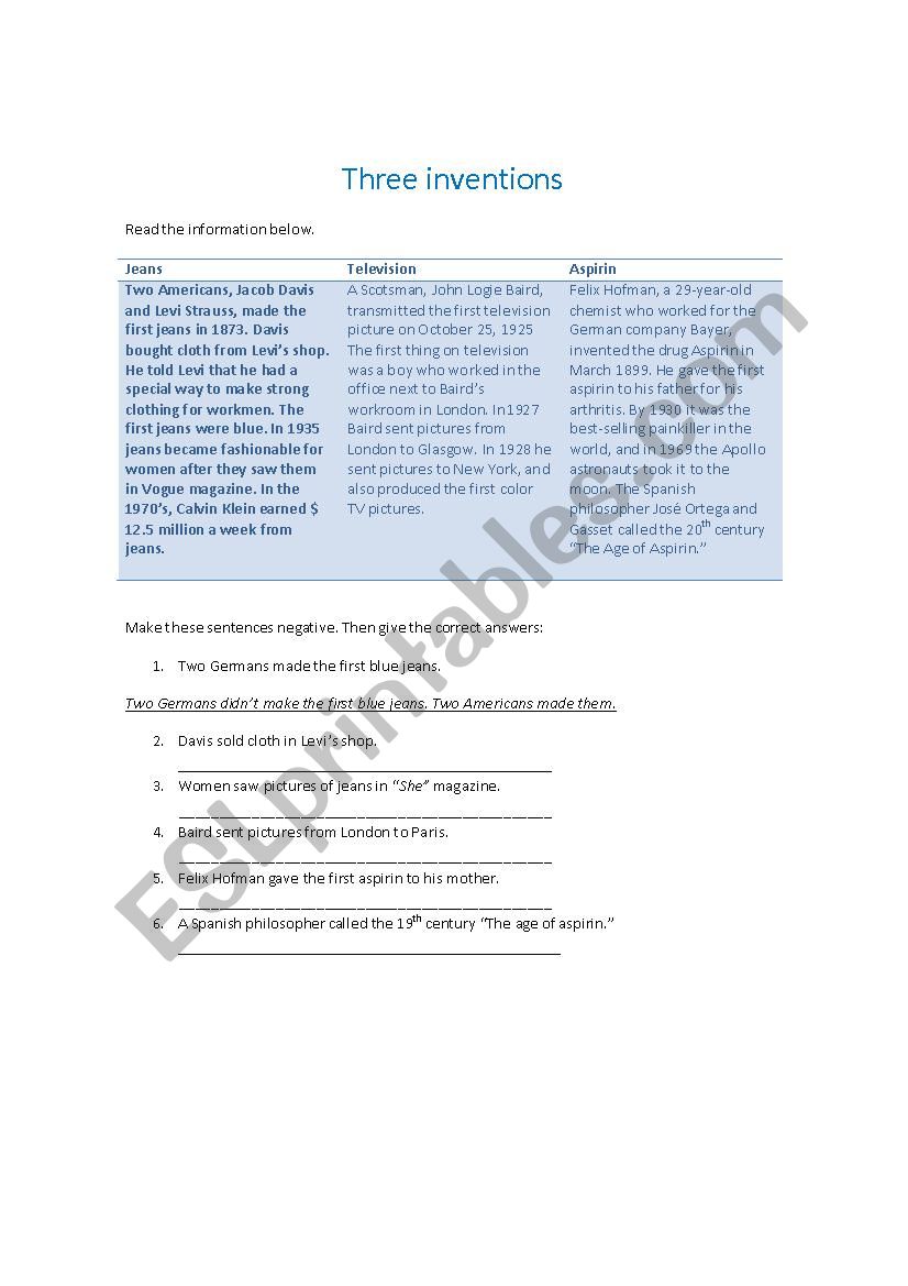  Three inventions  worksheet