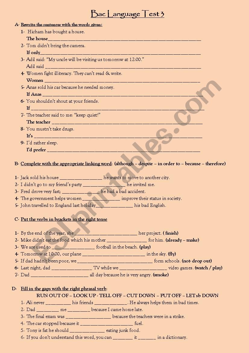 Bac Language Test 3  worksheet