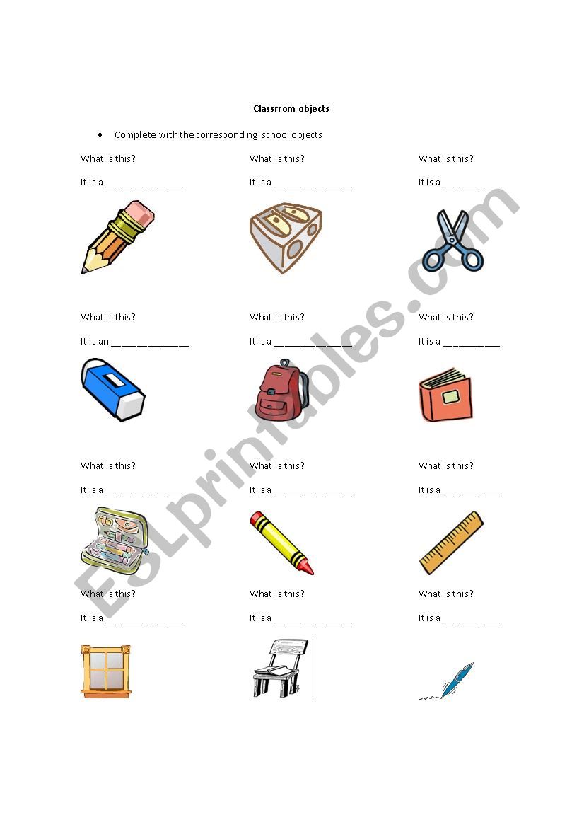 school objects  worksheet