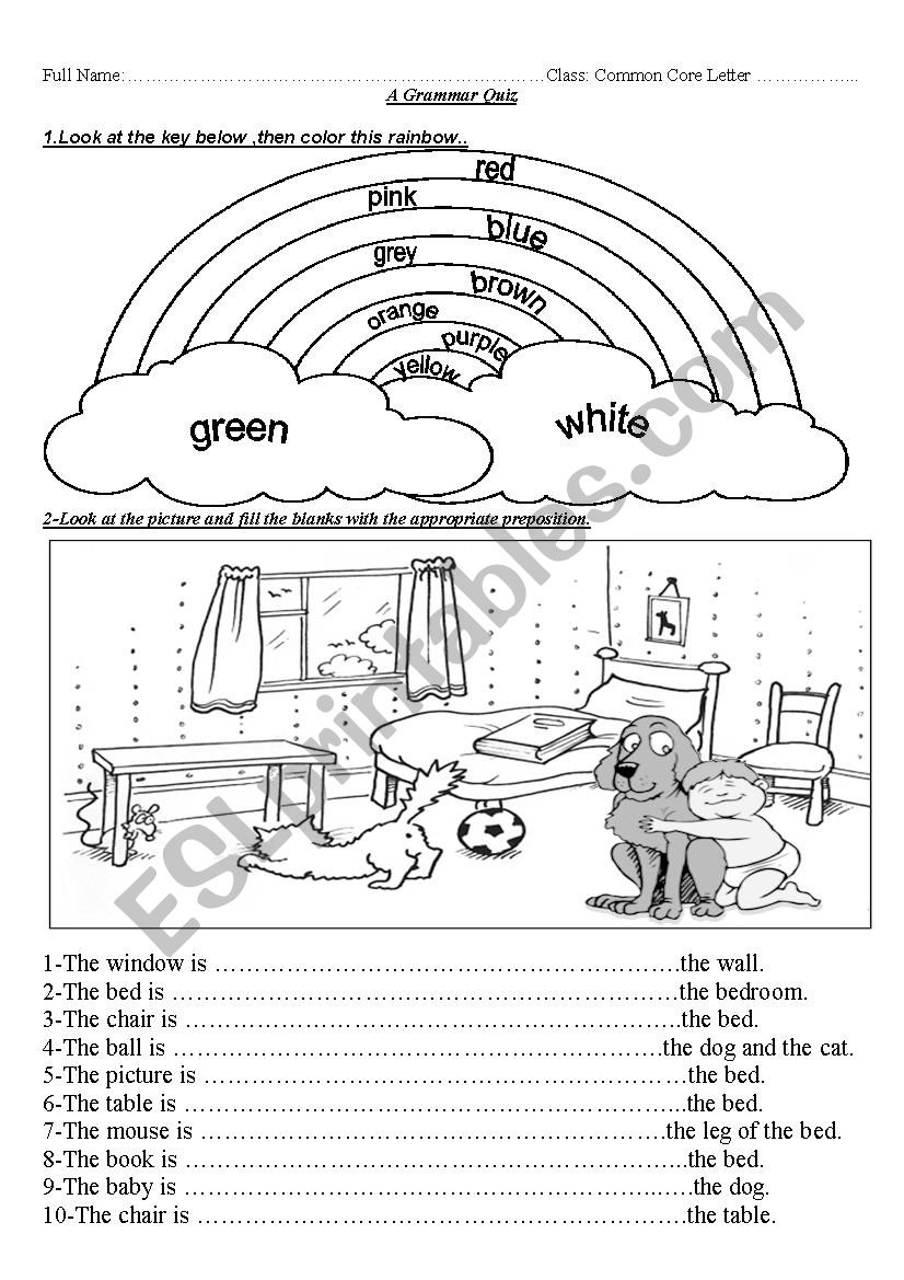 colours and prepositions of place