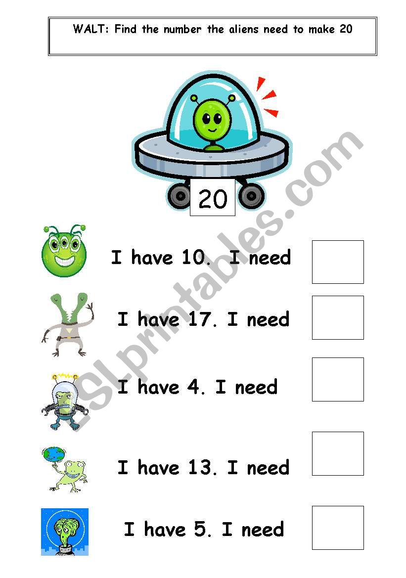 alien number bonds to twenty worksheet