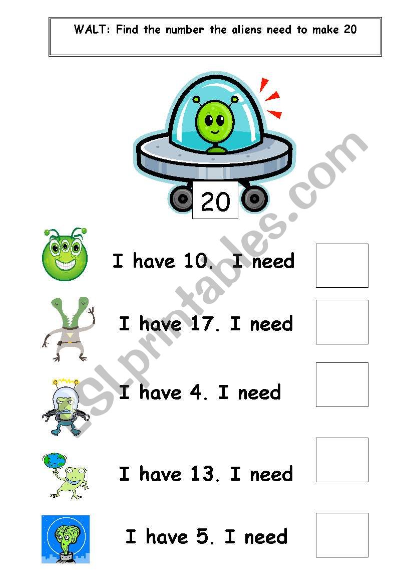 alien-number-bonds-to-twenty-esl-worksheet-by-mayleecat