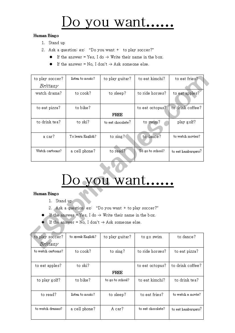 Target Language: Do you want... Speaking Bingo Activity