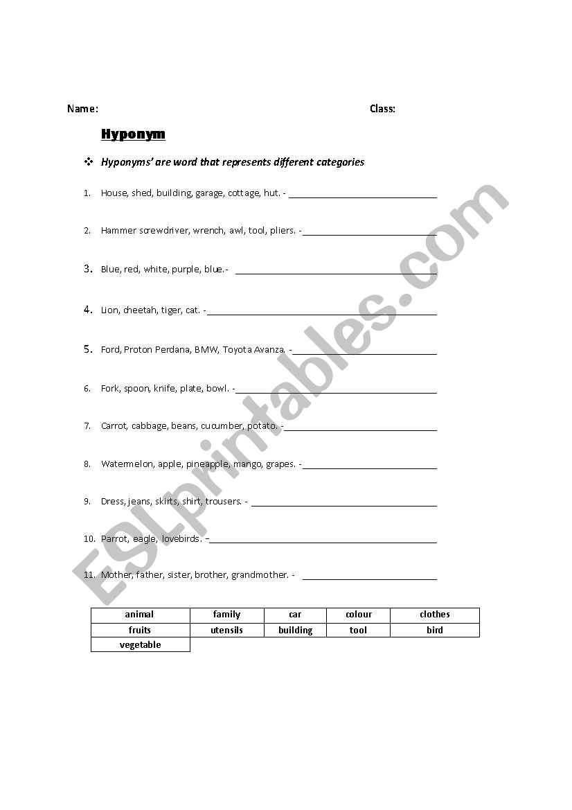 Hyponym (For slow learners) worksheet