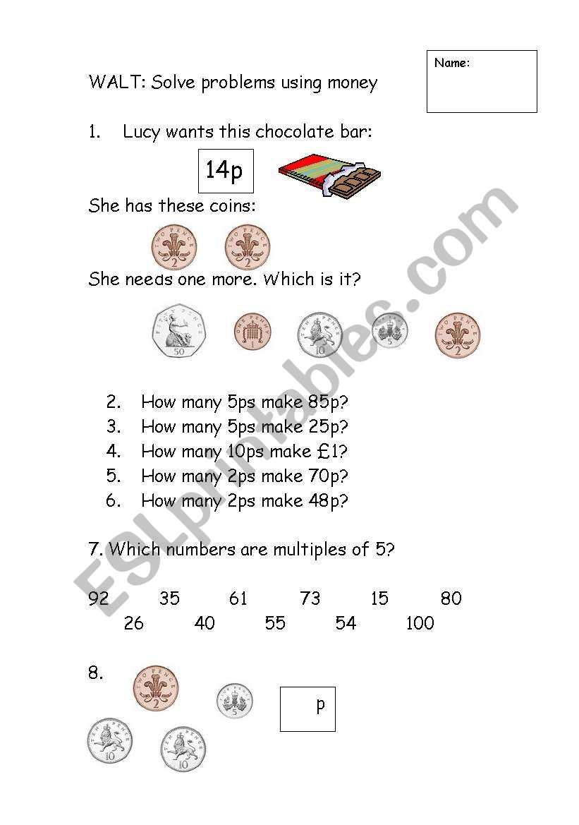 solving money problems worksheet