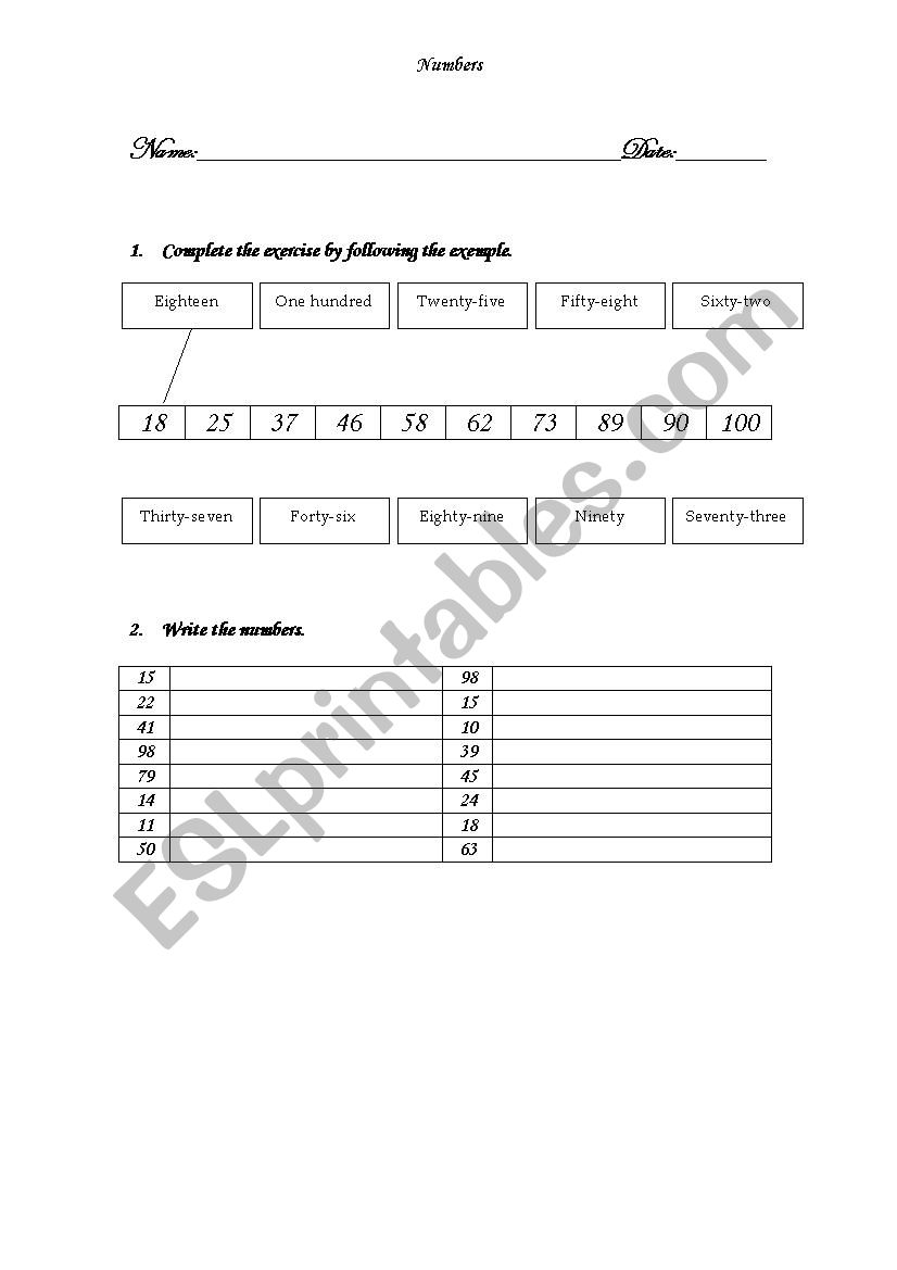 Numbers  worksheet