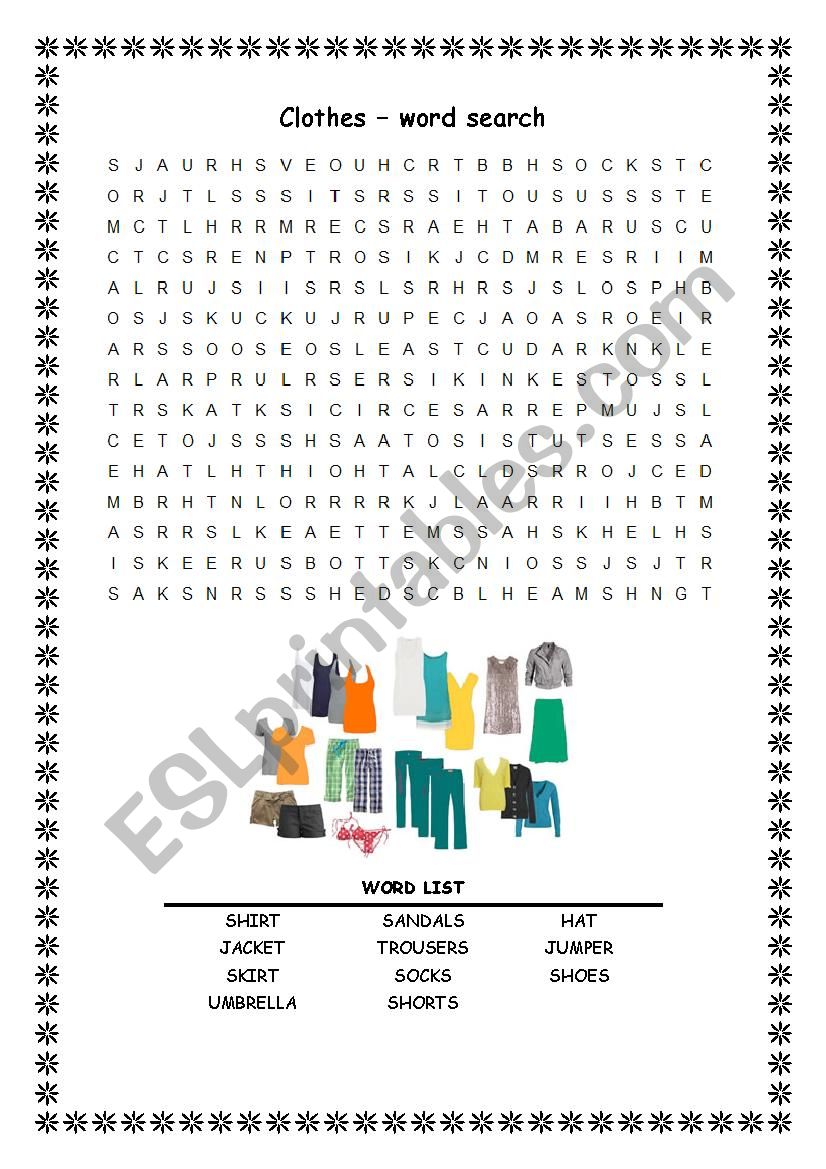 Clothes Wordsearch worksheet