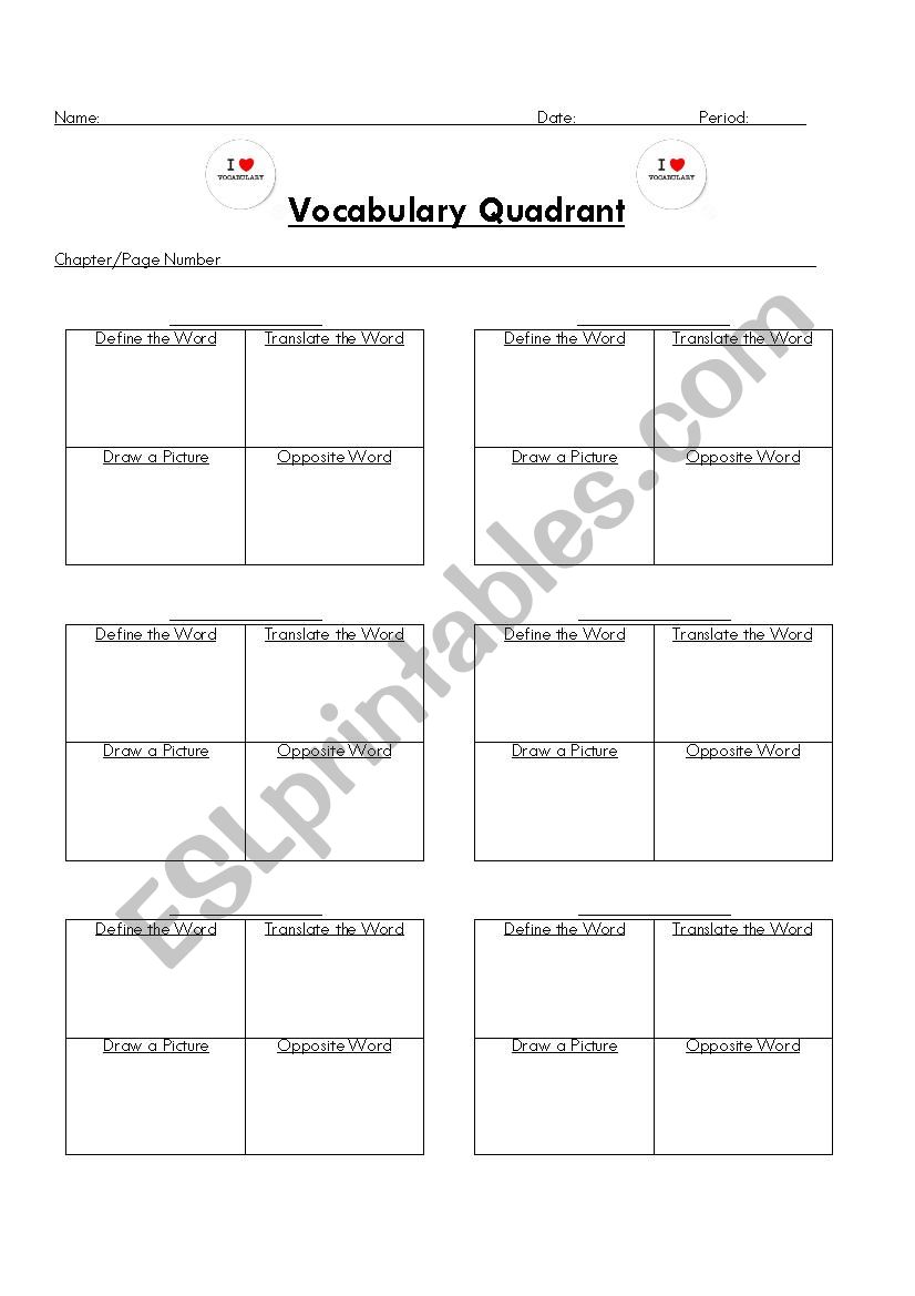 Vocabulary Quadrant  worksheet