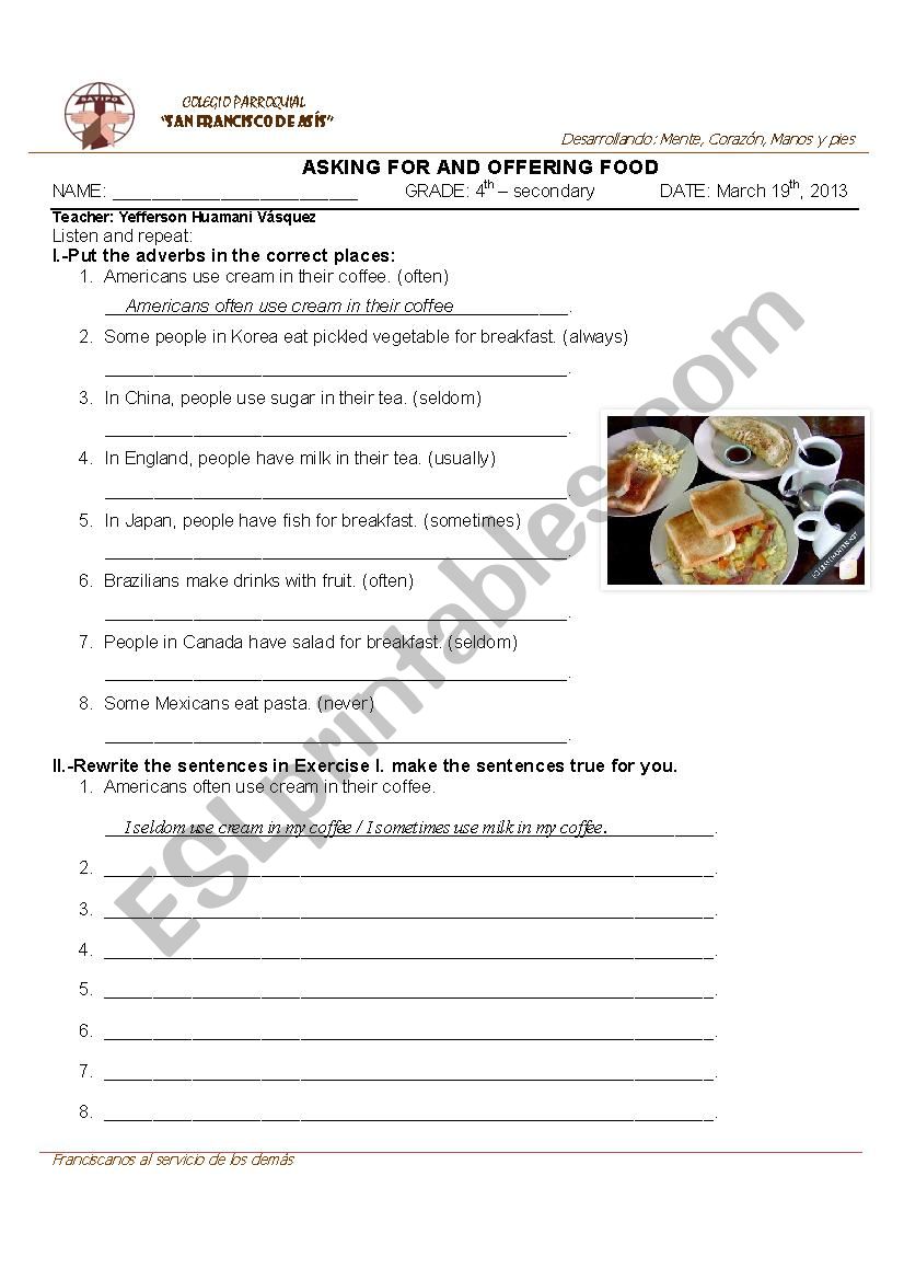 food worksheet