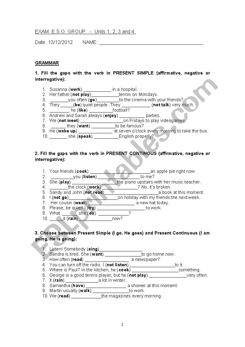 Exam 1st E.S.O.  worksheet