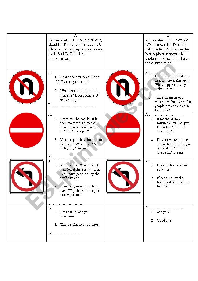 Traffic rules cue card worksheet
