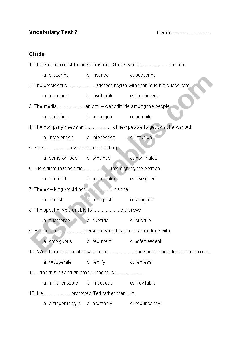 C2 Vocabulary Test  worksheet