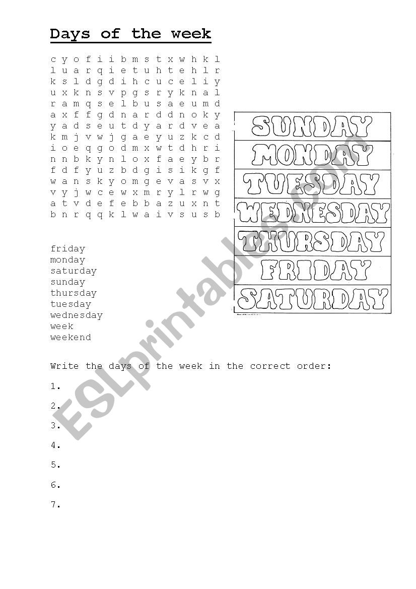 Days of the Week Word Search worksheet