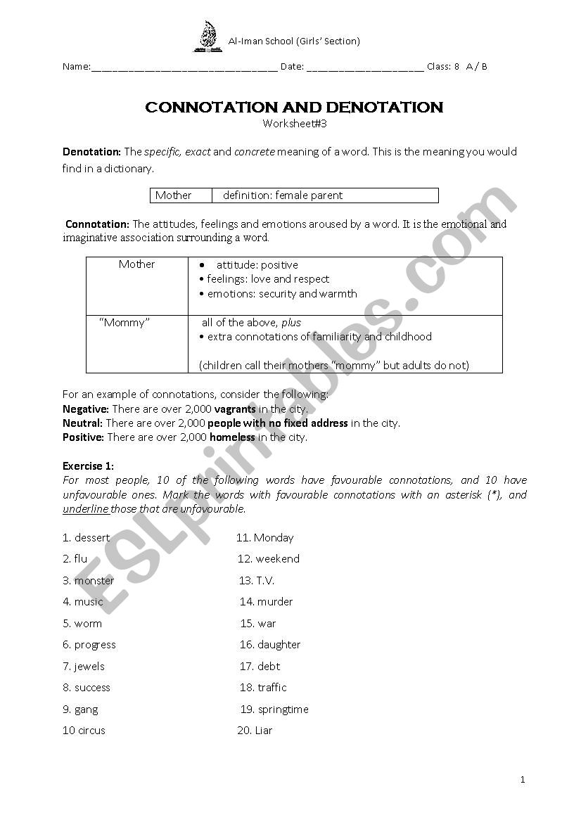 Connotation and Denotation worksheet