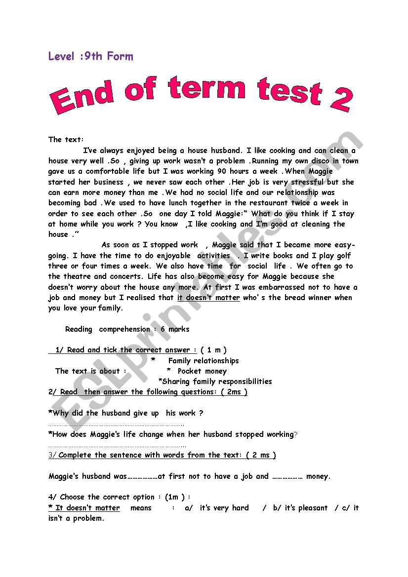 9th form end of term test 2 part 1